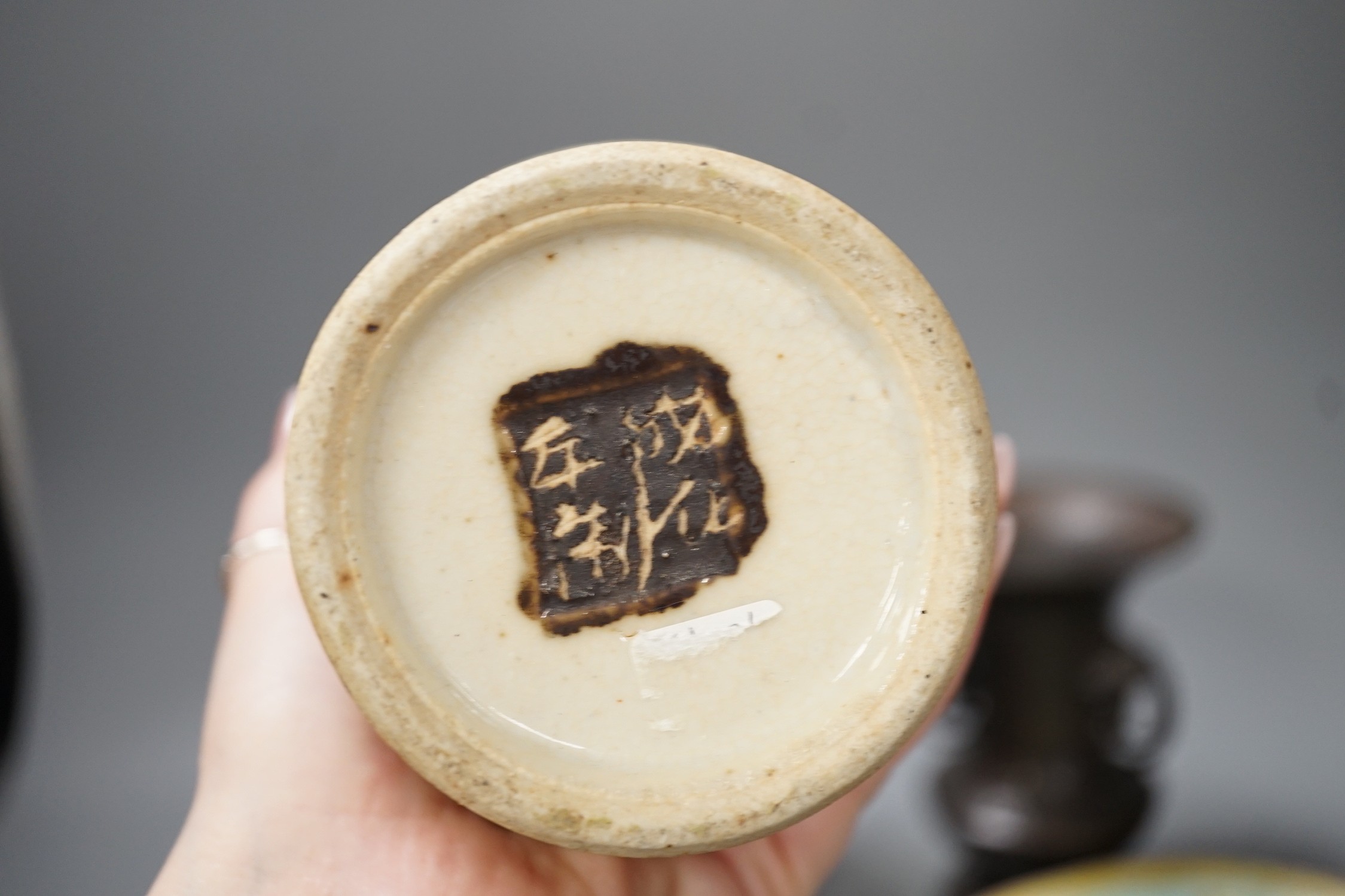 A group of 19th century Chinese porcelain dishes and a vase, and a Japanese ‘bird’ carving etc.